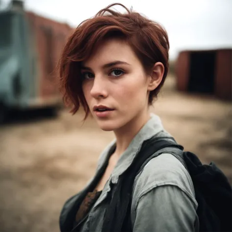 analog style, film, dust, grain, photo of a close up portrait photo of 30 y.o woman in wastelander clothes, redhair, short haircut, pale skin, detailed face