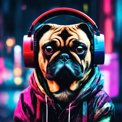 a hyperrealstic photography of a portrait of a stylized cyberpunk pug|cat|cyborg|robot with headphones composed of giant colorfu...