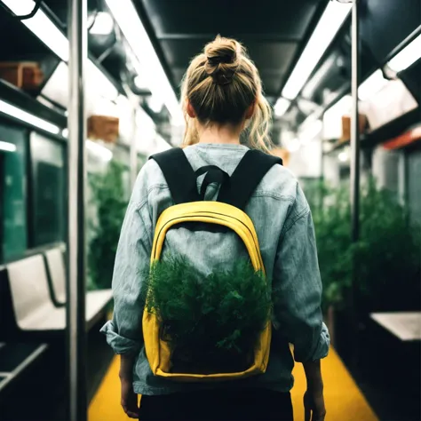 transparent glass backpack with plants behind the girl's back. crowded subway. tubes and wires. a gas mask on her face, analog s...