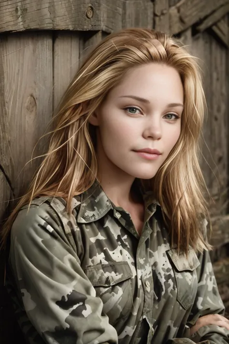 a woman in a military uniform leaning against a wooden wall