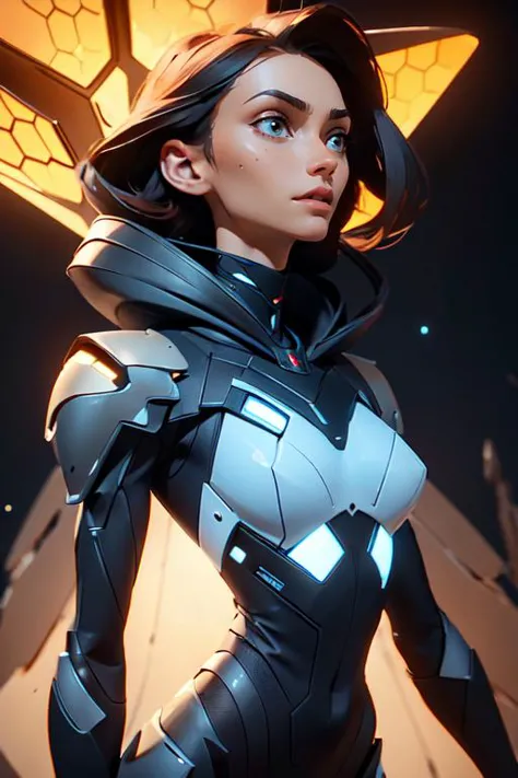(masterpiece, best quality, highly detailed, dynamic angle, low angle, 8k) 
a scifi female in black armor with glowing honeycomb...