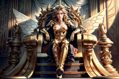 <lora:add_detail:0.5> (masterpiece, detailed, realistic, photorealistic, vibrant colors, highres, cinematic, atmospheric:1.2), (symmetrical:1.2), honeytech queen, gold hair, sitting on gold throne, indoor, ebonygoldai throne room, glittering gold, metal re...