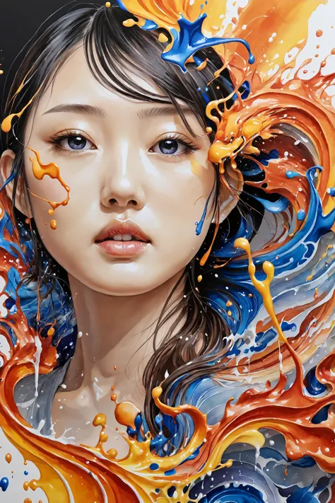 a painting of a woman with a colorful hair and a splash of paint