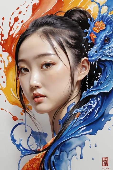 Colorful, multiple colors, intricate detail, splash screen, photorealistic, intricately detailed fluid gouache painting, calligraphy, acrylic, watercolor art,
masterpiece, best quality, 1girl,  <lora:kwFemale_Beta40-SDXL_v1:1>, chinese