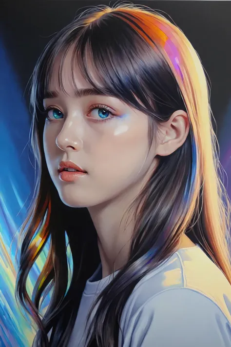 a painting of a girl with long hair and a colorful headband