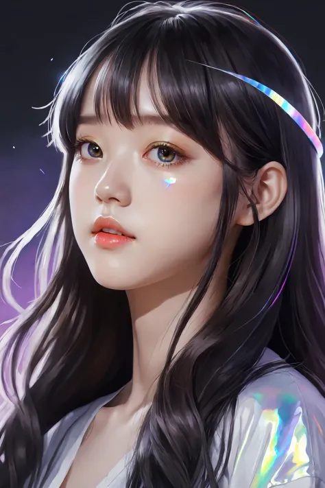 a girl with long hair and a headband with a rainbow light on her face