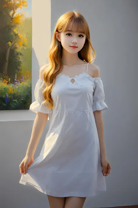 a woman in a white dress standing in front of a painting