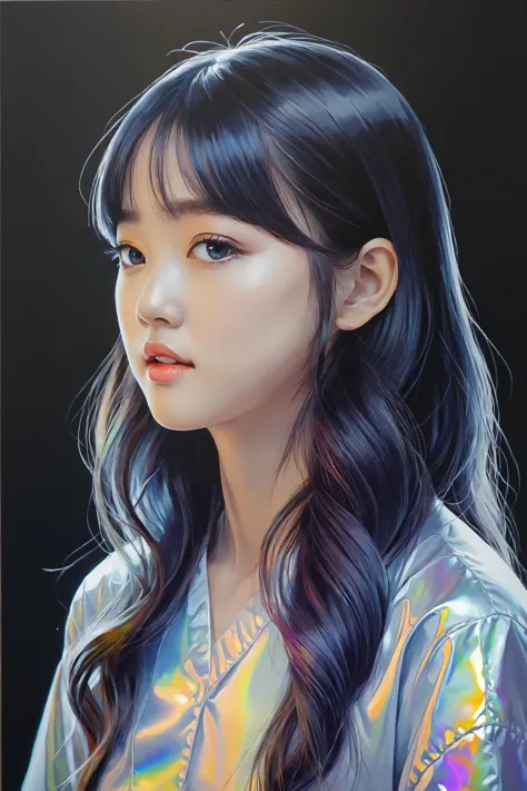 a painting of a girl with long hair and a shiny shirt