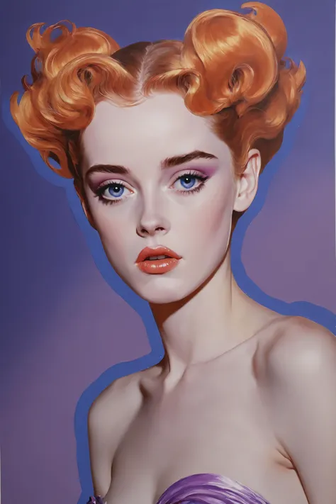 a painting of a woman with orange hair and blue eyes