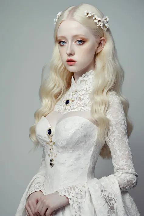 a woman with long blonde hair wearing a white dress and a flower crown