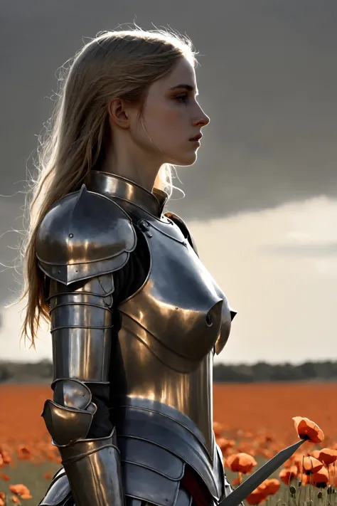 arafed woman in armor standing in a field of poppies