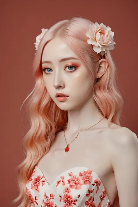 a woman with pink hair and a flower in her hair