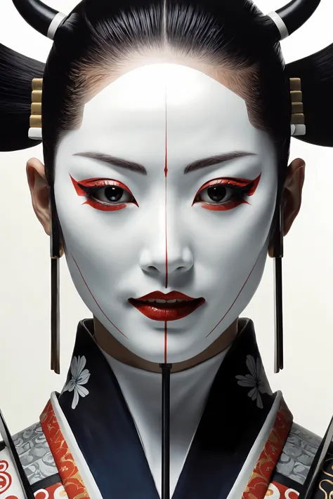 masterpiece, best quality, 1girl,  <lora:kwFemale_Beta40-SDXL_v1:1>, 
upper body, cyborg geisha samurai white face, symmetrical print, Ian McQue, Steven Klein, James Gilleard,hair cut, smile, black teeth, poster, masterpiece, hyper detailed