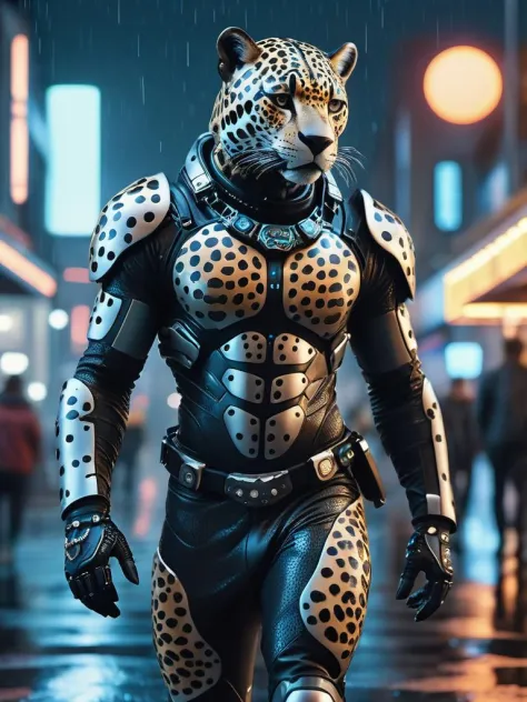 Hyperrealistic RAW analog photo of an anthro (jaguar:1.1) (man:0.9) dressed in cyberpunk, walking through future cyber city on a rainy night, full circular moon in sky, stars,|(sharp focus, hyper detailed, highly intricate, physically based unbiased rendering:1.10), natural lighting, Extremely high-resolution details, photographic, realism pushed to extreme, fine texture, incredibly lifelike, cinematic, 35mm film, 35mm photography, film, photo realism, DSLR, 8k uhd, hdr, ultra-detailed, high quality, [[skin]]