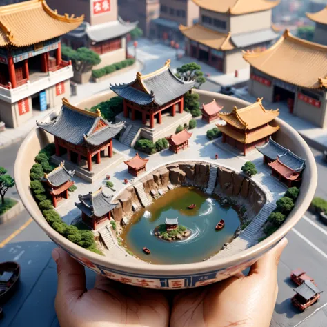 (8k, RAW photo, best quality, masterpiece:1.3), <lora:sdxl_loha_miniature2_v2-000060:0.75>, realistic, mini\(ttp\),miniature, isometric, landscape, a chinese city in a bowl