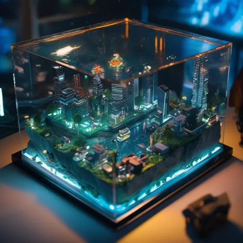 (8k, RAW photo, best quality, masterpiece:1.3), <lora:sdxl_loha_miniature2_v2:0.55>, realistic, miniature, isometric, landscape,mini\(ttp\), (8k, RAW photo, best quality, masterpiece:1.2),A cyberpunk city in a glass enclosure, under the sea,Deep Sea Background,isometric, miniature, landscape,