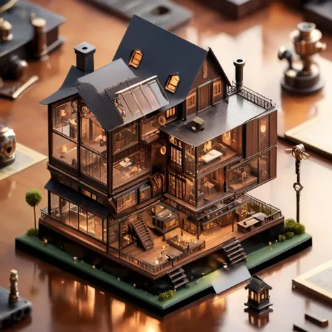 a close up of a miniature house on a table with a lot of objects