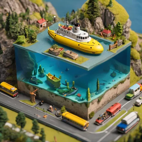 there is a model of a yellow submarine in a blue tank