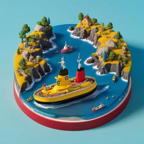 (8k, RAW photo, best quality, masterpiece:1.3), <lora:sdxl_loha_miniature2_v2:0.55>, realistic, miniature, isometric, landscape,mini\(ttp\), (8k, RAW photo, best quality, masterpiece:1.2),A yellow submarine,isometric, miniature, landscape,