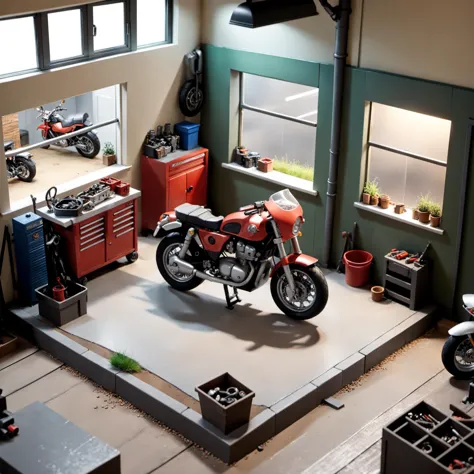 there is a motorcycle that is sitting on a platform in a garage