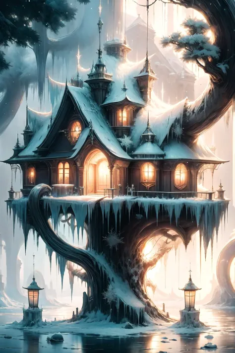 <lora:frosted-style-richy-v1:1>, frostedstyle, crystalline, frozen, ice, 
a futuristic tree (house:1.3) by a german architect pe...