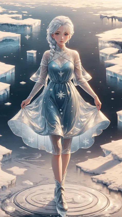 masterpiece,best quality,<lora:frosted-style-richy-v1:1>,frostedstyle,woman standing on frozen lake,wearing a long blue dress th...