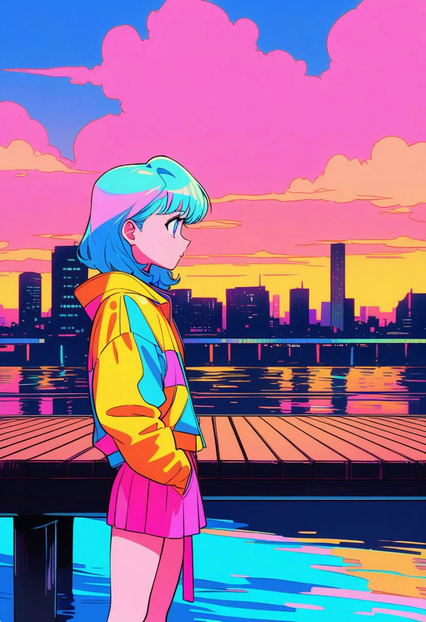 masterpiece, best quality, beautiful detailed eyes, ultra-detailed, finely detail, highres, perfect anatomy, colorful, Pastel Colors, (1 girl), city pop illustration, (city pop arts), simple background, retro style, (vaporwave city pop), (80's city pop:1.5), (city pop anime), sky, (pier, river, bridge:1.5), retoro style, Kyoto Animation, 80's fashion,