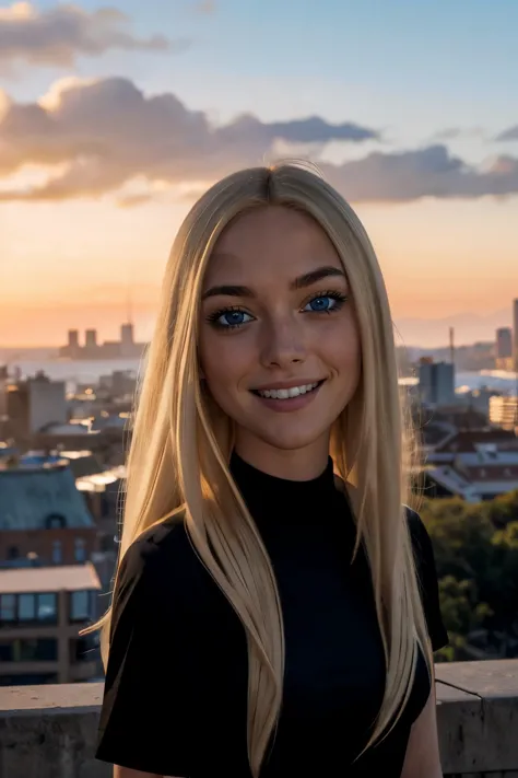 a close up of a woman with blonde hair and a black top