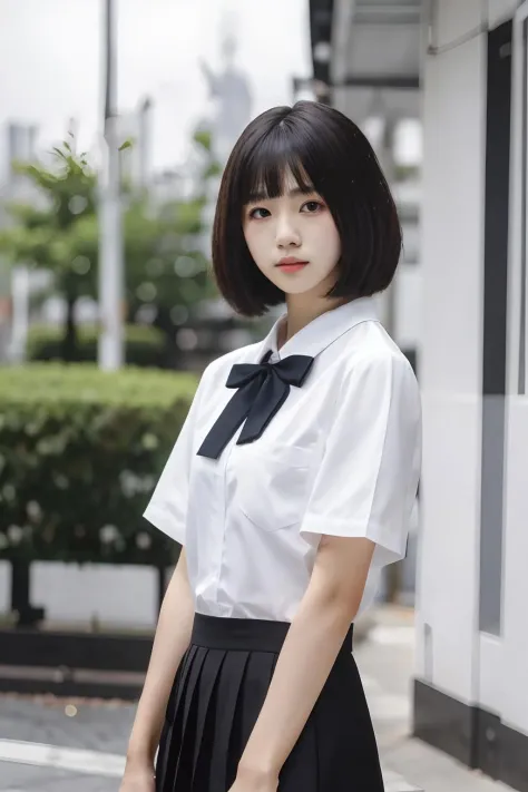 jk, 1girl, solo, short hair, looking at viewer, skirt, shirt, black hair, closed mouth, white shirt, short sleeves, pleated skir...