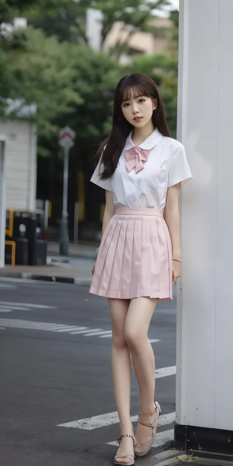 jk, 1girl, solo, long hair, looking at viewer, skirt, shirt, black hair, closed mouth, white shirt, short sleeves, pleated skirt...