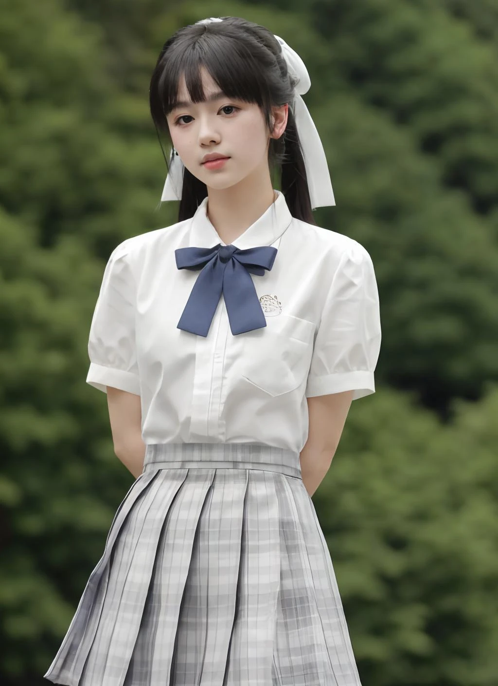 jk, 1girl, solo, long hair, looking at viewer, bangs, skirt, shirt, black hair, bow, ribbon, arms behind back, white shirt, ponytail, short sleeves, hair bow, pleated skirt, parted lips, collared shirt, blurry, black eyes, plaid, blurry background, plaid skirt, white skirt, grey skirt
 