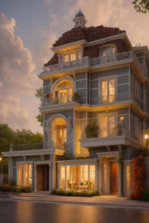 Evoking the essence of a meticulously crafted three-story classical mansion exterior in a digital illustration format. This work...