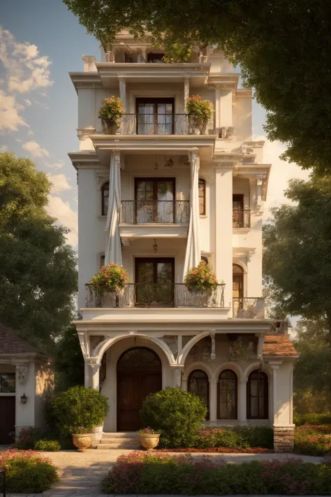 Evoking the essence of a meticulously crafted three-story classical mansion exterior in a digital illustration format. This work...