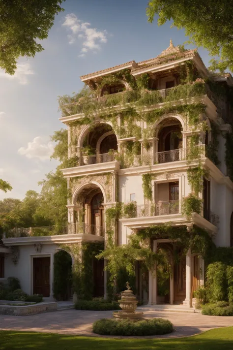 A luxurious and intricately detailed three-story neo-classical villa exterior scene, showcasing opulence. The art form chosen for this depiction is photography, captured with a 50mm lens. The esteemed photographer Ansel Adams serves as the source of inspiration. The villa stands amidst lush gardens, its ornate architecture emphasized by the play of shadows and sunlight. The color temperature is warm, enhancing the golden accents of the villa's design. The atmosphere exudes elegance, while the subjects exhibit serene expressions. Soft, natural lighting envelops the scene, creating a timeless ambiance
