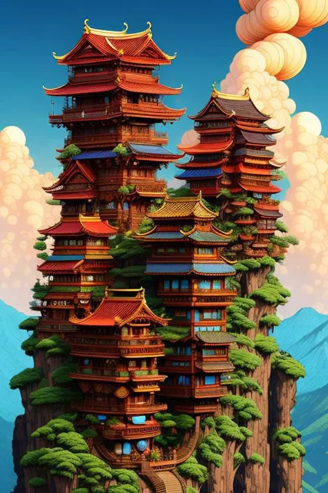 a painting of a pagoda on a mountain with clouds in the background