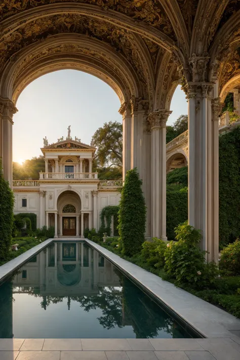 A lavish and intricately detailed neo-classical villa surrounded by lush gardens and reflecting pools, capturing opulence and grandeur in its essence. The art form chosen for this depiction is photography, shot with a 50mm lens to emphasize the architectural details and the symmetrical layout. Inspired by Ansel Adams, the scene showcases the villa's ornate facade against a backdrop of rolling hills and a soft golden sunset. The warm color temperature adds a touch of nostalgia, while the distant figures in the scene exhibit awe and admiration. The lighting creates a warm glow, enveloping the scene in a serene atmosphere