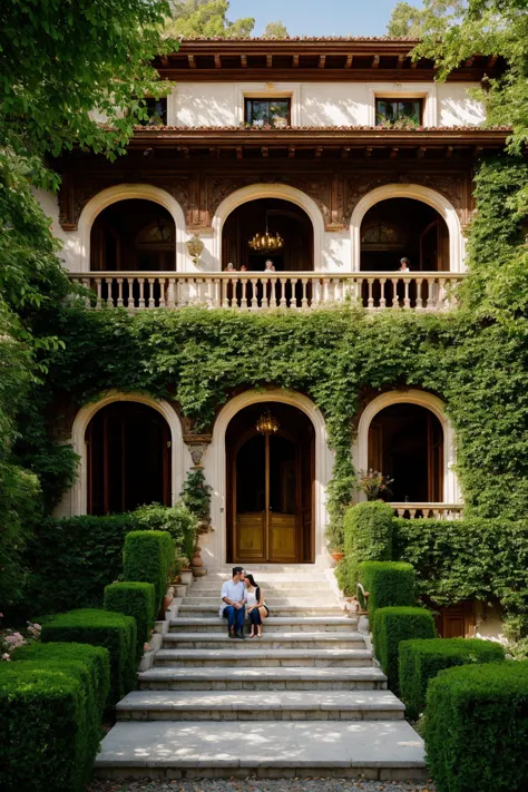 Uma luxuosa e detalhada cena exterior de uma villa neoclássica de três andares, mostrando opulência. A forma de arte escolhida para esta representação é a fotografia, capturado com uma lente de 50 mm. O estimado fotógrafo Ansel Adams serve como fonte de inspiração. A vila fica em meio a jardins exuberantes, sua arquitetura ornamentada enfatizada pelo jogo de sombras e luz solar. A temperatura da cor é quente, realçando os detalhes dourados do design da villa. O ambiente exala elegância, enquanto os sujeitos exibem expressões serenas. Macio, A iluminação natural envolve a cena, criando um ambiente atemporal