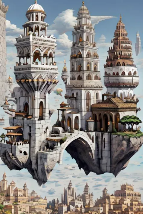 EdobAncientRome bridge on small floating islands ,  fantasy city  on small floating islands,arches, carved stone, StackedCityAI, stacked rome buildings,  monumental white columns, shiny white temples on arches, detailed, vibrant, no humans, masterpiece, best quality, geometric