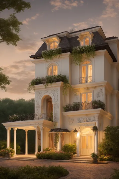 Evoking the essence of a meticulously crafted three-story classical mansion exterior in a digital illustration format. This work...