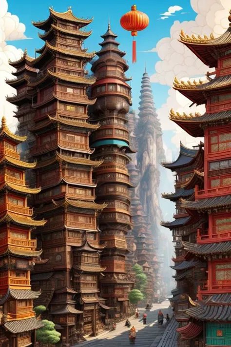 StackedCityAI, chinese stacked wood buildings, wood arks, balconies, stairs, fancy walls, gray mountains, wide street, monumental columns, fantasy shiny city, detailed, vibrant, no humans, masterpiece, best quality,
