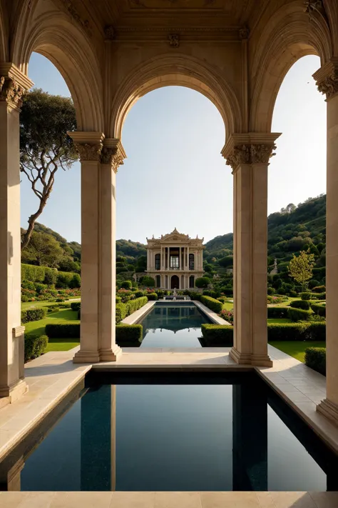 A lavish and intricately detailed neo-classical villa surrounded by lush gardens and reflecting pools, capturing opulence and gr...