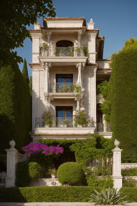 A luxurious and intricately detailed three-story neo-classical villa exterior scene, showcasing opulence. The art form chosen fo...