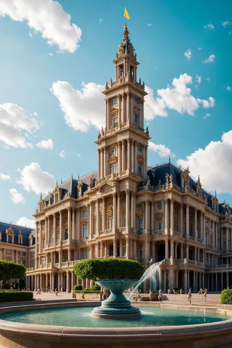 A majestic white mansion, meticulously adorned with opulent classical details, stands proudly. In front of the grand building, a fountain glistens under the sun's gentle rays. The sky serves as a picturesque backdrop, adorned with fluffy clouds that seem to dance in harmony. Beeple's signature style is brought to life through a detailed digital rendering, capturing the essence of maximalism in every corner. The color palette is pristine, accentuating the building's grandeur against the azure sky. The atmosphere is one of awe and elegance, while the fountain's gentle splashes create a soothing auditory accompaniment