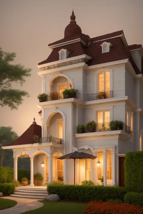 Evoking the essence of a meticulously crafted three-story classical mansion exterior in a digital illustration format. This work draws inspiration from the renowned artist Thomas Kinkade. The mansion is surrounded by a picturesque landscape, each detail carefully rendered, harmonizing nature and architectural grandeur. A balanced color temperature enriches the scene with a golden glow. The characters' faces bear content expressions, mirroring the tranquil ambiance. Illuminated by warm light, the scene imparts a dreamlike quality and a sense of serenity