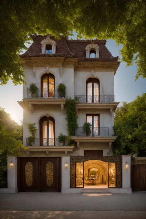 A luxurious and intricately detailed three-story neo-classical villa exterior scene, showcasing opulence. The art form chosen for this depiction is photography, captured with a 50mm lens. The esteemed photographer Ansel Adams serves as the source of inspiration. The villa stands amidst lush gardens, its ornate architecture emphasized by the play of shadows and sunlight. The color temperature is warm, enhancing the golden accents of the villa's design. The atmosphere exudes elegance, while the subjects exhibit serene expressions. Soft, natural lighting envelops the scene, creating a timeless ambiance