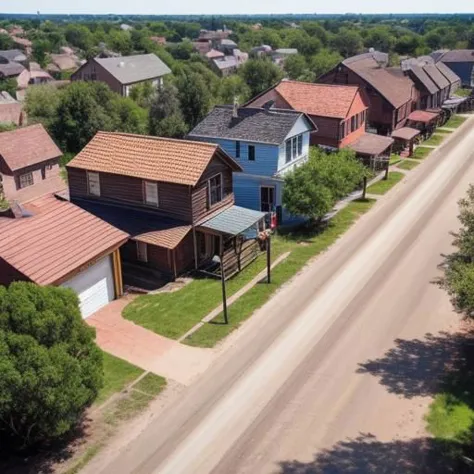 a high angle shot of a beautiful old american town where roads are made of dirt & houses are made of wood while a man in a 19th ...