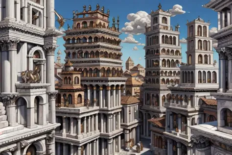 StackedCityAI, EdobAncientRome stacked rome buildings, monumental white columns, fantasy shiny white skyscrapers, detailed, vibrant, high walls, wide street, arcs, carved stone, no humans, masterpiece, best quality, geometric