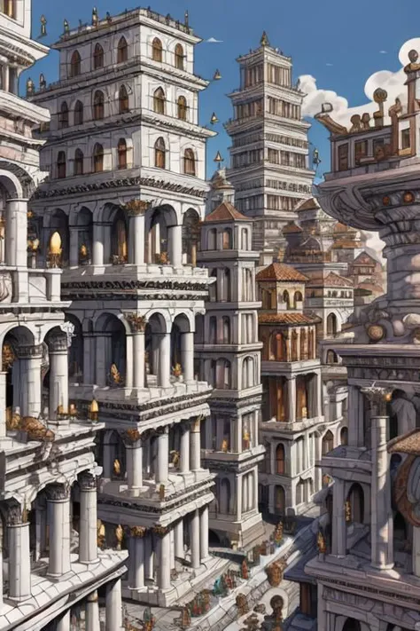 StackedCityAI, EdobAncientRome stacked rome buildings, monumental white columns, fantasy shiny white skyscrapers, detailed, vibr...