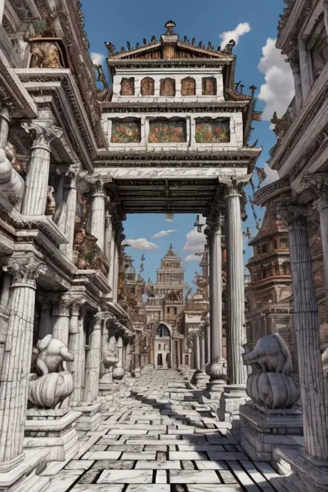 StackedCityAI, EdobAncientRome stacked rome temples, monumental white columns, fantasy shiny white skyscrapers, detailed, vibran...