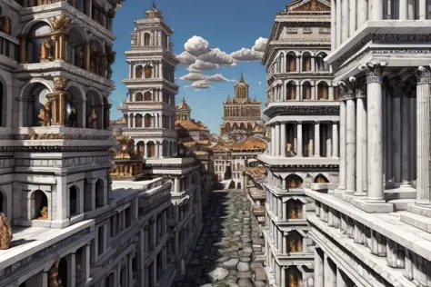 StackedCityAI, EdobAncientRome stacked rome buildings, monumental white columns, fantasy shiny white skyscrapers, detailed, vibr...